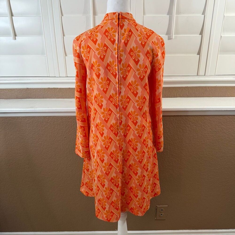 Vintage 70s Mod Psychedelic Go Go A Line Dress Orange White Floral Print Sz S - Picture 4 of 5